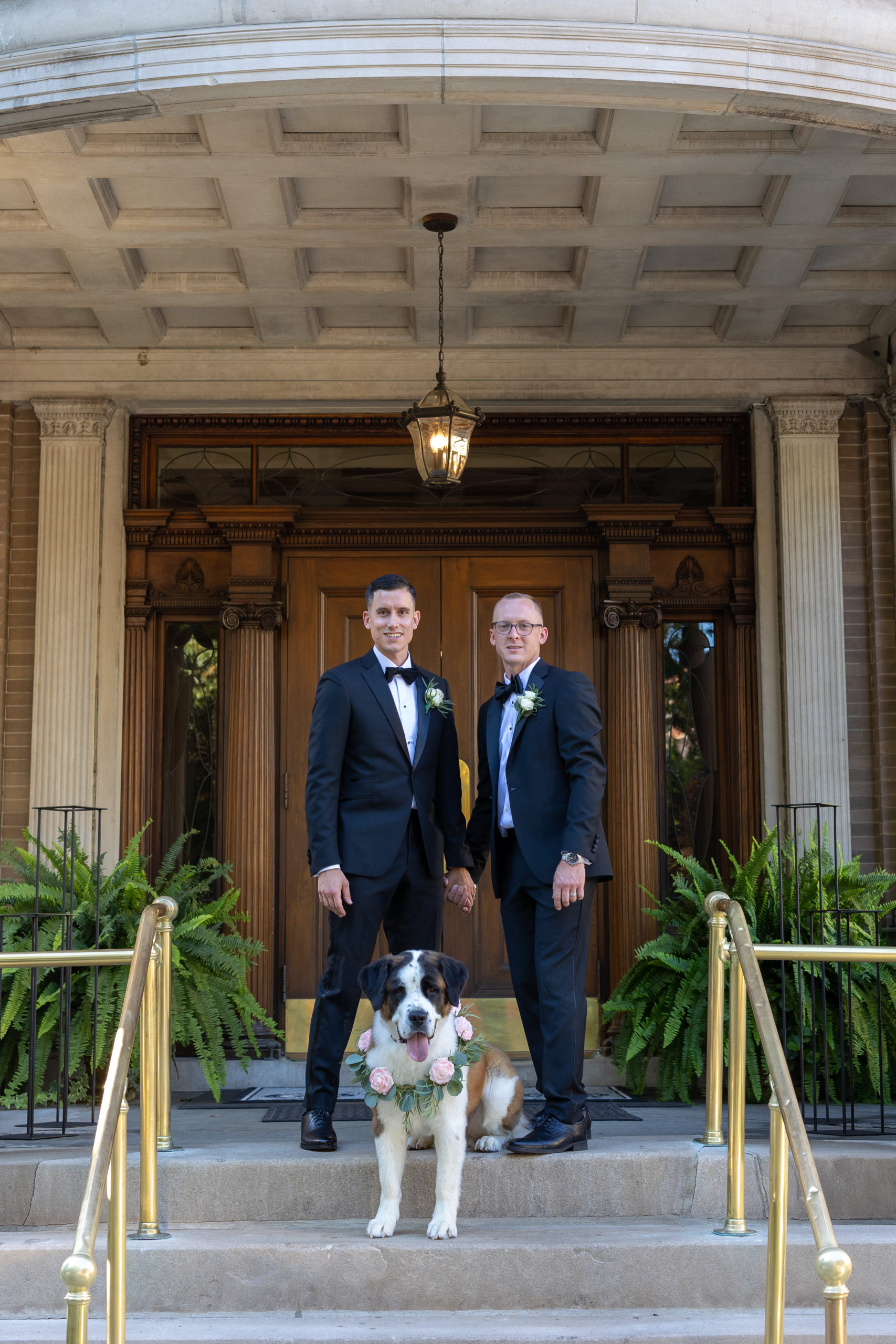 newlywed grooms and their saint bernard at the Westmoreland Club in Wilkes-Barre, PA