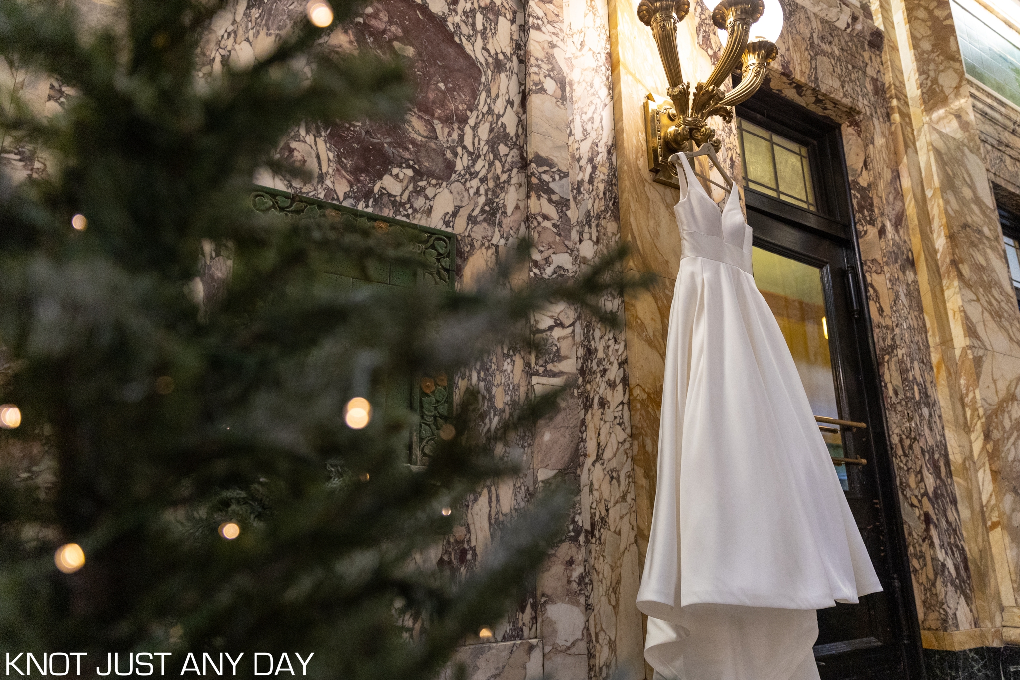 wedding dress hung at the Radisson Lackawanna Station Hotel